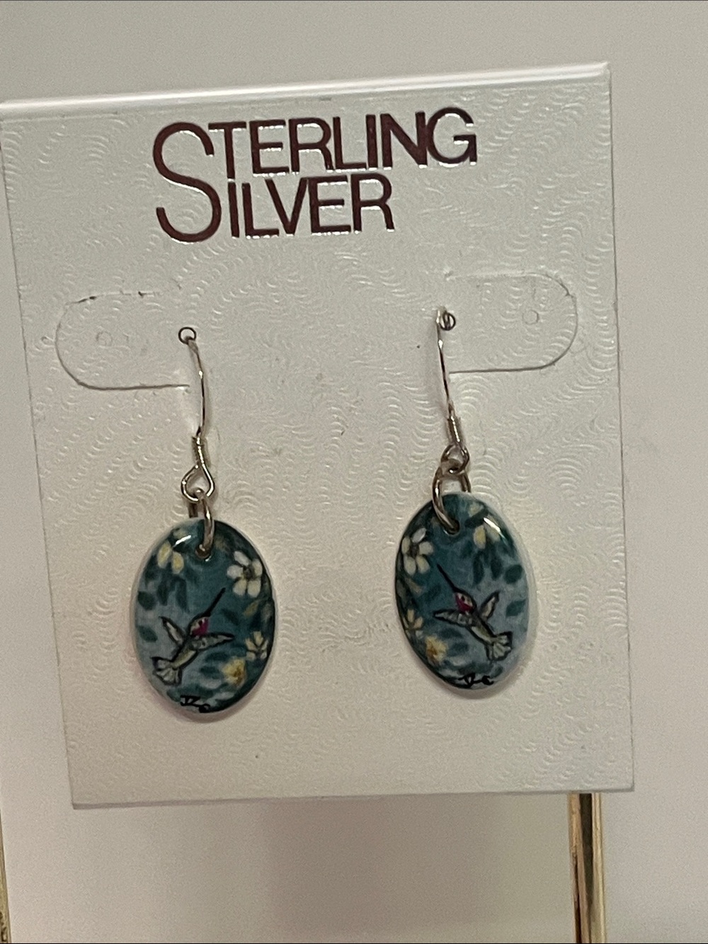Sterling Silver Teal Floral Hummingbird Dangle Earrings